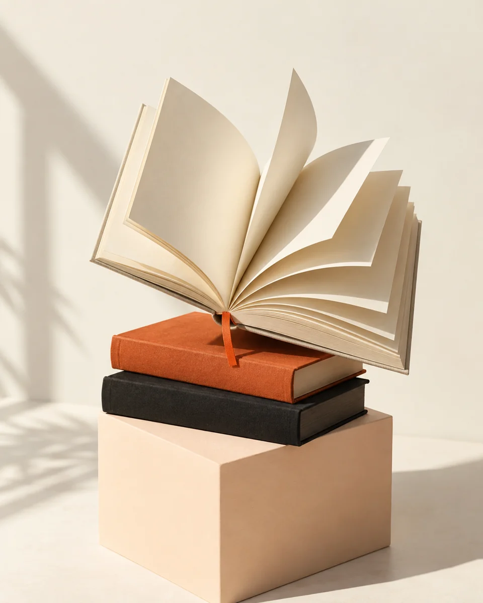 Ein aufgeschlagenes Buch mit aufgefächerten Seiten auf orangefarbenen und schwarzen Büchern.